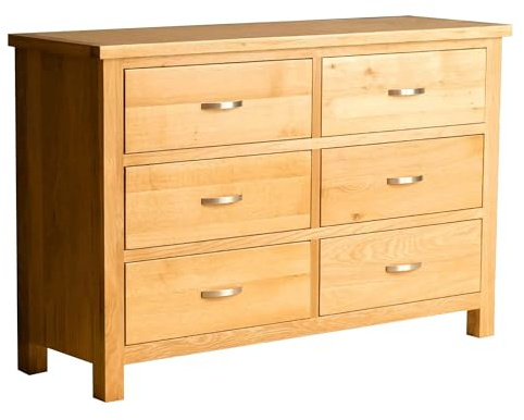 RoselandFurniture London Oak Large 6 Drawer Chest of Drawers for Bedroom | Fully Assembled, Wooden Storage for Clothes, Wide Lacquered Solid Wood Finish, Contemporary Style, H78cm W120cm D38cm