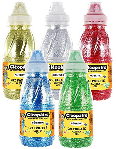 Cléopâtre - GP250x5A - Gel Pailleté - Lot de 5 Flacons 250 ml Or/Argent/Vert/Rouge/Bleu