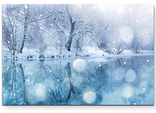 Paul Sinus Art Fotografie – Winterlandschaft mit Fluss und Schneefall - Leinwandbild 120x80cm