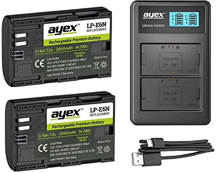ayex Power Paket mit 2 x LP-E6N Akku + USB Dual Ladegerät Kompatibel mit Canon EOS R 5D Mark III II 6D 7D Mark II 7D 90D 80D 70D 60D etc.