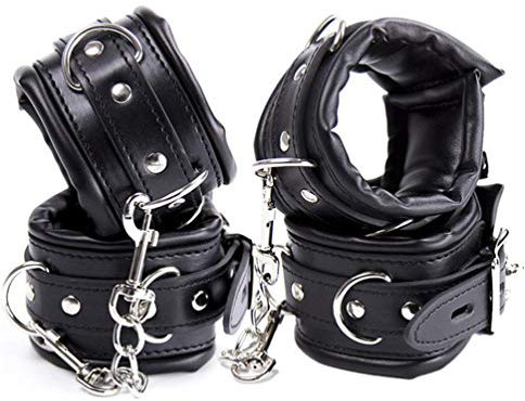 Hanyi Schwarz Leder Gepolstert Erotik Handschellen und Fußschellen Bondage Set Sexspielzeug für Damen Männer [2 Pack]