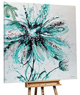 KunstLoft® Peinture à l'huile sur Toile XXL 'L'aquarelle' 150x150cm | Huile sur Toile Peinte à la Main | Fleur Blanc Pétrole Noir Pétrole Noir | Art Moderne
