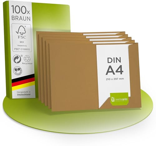 Werbegrün Präsentationsmappe A4 – 100 Stück Braun (Kraftkarton) | FSC® MIX 70% | Dokumentenmappe aus 320g/m² Pappe | Mit Visitenkartenschlitz | Made in Germany | Direkt vom Hersteller