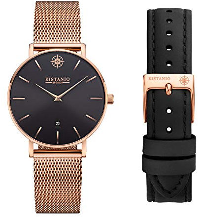 Kistanio Petite montre pour femme avec verre saphir et bracelet milanais + bracelet en cuir supplémentaire RG-BLKS-M-L-BK, Bracelet