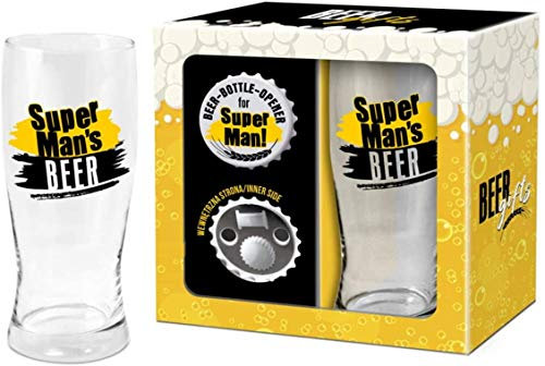 Framan Kit Super Man'S Beer, Set con Vaso de Cerveza y abridor magnético