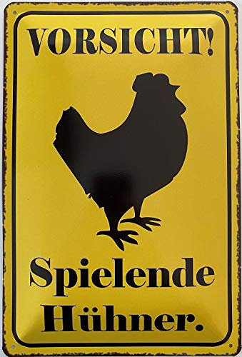 Deko7 Blechschild 30 x 20 cm Vorsicht ! Spielende Hühner
