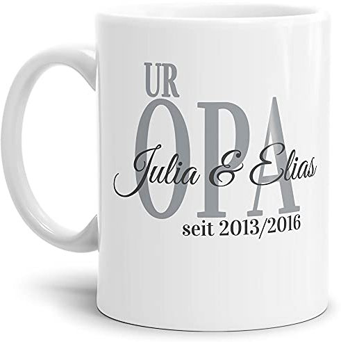 Tasse - Uropa seit - zum selbst Gestalten mit Kindernamen und Geburtsjahren - Geschenk für den besten Uropa - Keramiktasse, Weiß Glanz, 300 ml