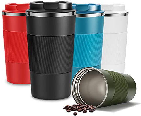 YINJAM Travel Mug Reusable Insulated Coffee Cups Vacuum Insulation Smoothie Cup Stainless Steel Thermal Tumbler with Lids for Hot Cold Drinks (Black, 380ml)
