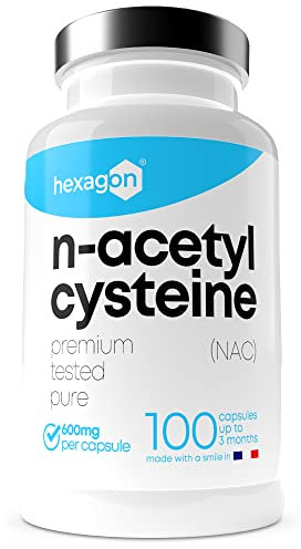 NAC N-Acetyl-Cysteine 600mg - +3 Mois De Cure - Antioxydant & Détoxifiant - Made in France - Boost Glutathion - Detox Foie & Protection - 100 Gélules Végétales - Vegan - Sans Additifs - Hexagon