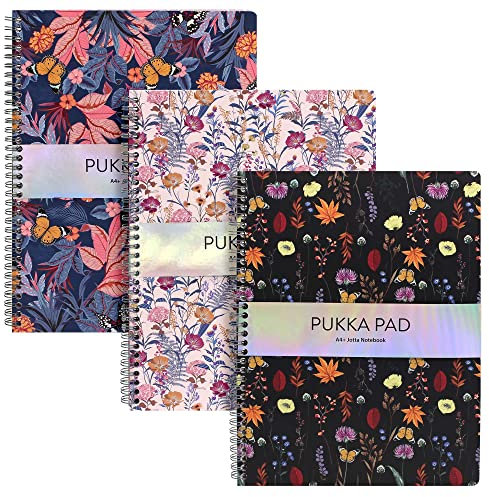 Pukka Pad, Bloom A4+ Jotta-Notizbücher – Packung mit 3 Notizheft mit Spiralbindung in verschiedenen Blumenmustern in Blau, Schwarz und Creme – 160 Seiten linierter Papier mit 80 g/m²