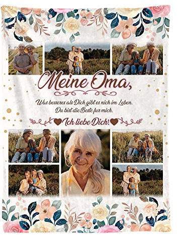 Ferocity Personalisierte Foto Decke mit Eigenem Foto; Super Weiche Extra Gemütliche Kuscheldecke Geschenk zum Oma Tag 120 x 150 cm; Sofadecke Collage mit Wünschen oder Gedichten [081]