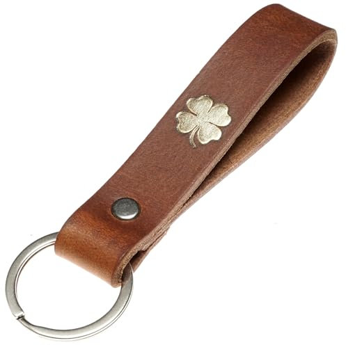 ELBERCRAFT Schlüsselanhänger Leder Glücksklee Geschenk für Frauen oder Männer pflanzlich gegerbt braun mit gravur gold 12 cm made in Germany Leather Keychain