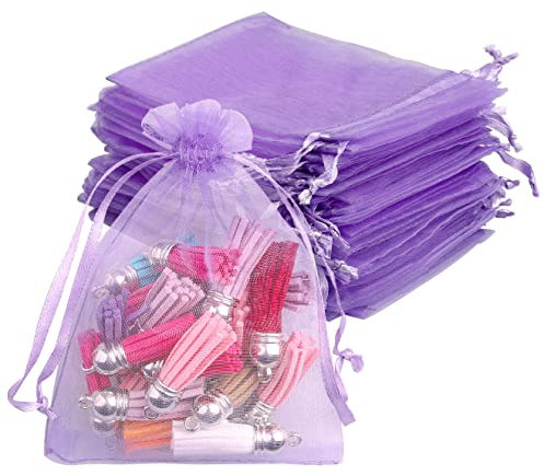 100 Stück Organzasäckchen, 12x9cm Organzabeutel Schmuckbeutel mit Kordelzug DIY Lavendelsäckchen Geschenksäckchen zum Befüllen für Hochzeit Ramadan Deko Ostern Geburtstag Taufe (Lila)