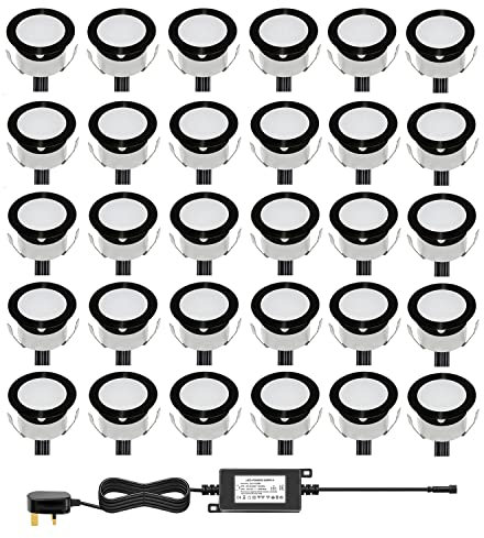 CHNXU Low Voltage Outdoor LED Decking Lights 30mm Recessed Garden Lights Waterproof IP67 Deck Lighting Kits for Kitchen Plinths, Bathroom, Patio Deck, Yard, Garden (30 Pack, Cold White (Black))