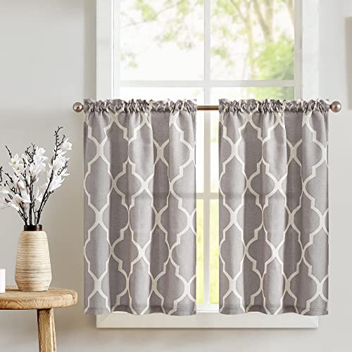 TOPICK Scheibengardine Küche Vorhang Bistrogardine Leinen Optik Blickdicht Gardine Privatsphäre Gaze Schals Scheibengardinen Fensterschal für Wohnzimmer Landhaus 2 Stück 65Bx60H (cm) Hellgrau