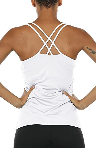 icyzone Damen 2 in 1 Sport Yoga Tops mit BH - Gym Shirts Fitness Trainings Tank Top (L, Weiß)