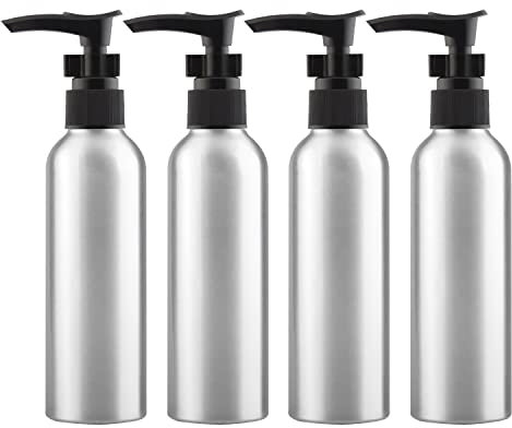 ZEOABSY 4 Pieces Empty 150ml Silver Aluminium Lotion Pump Bottle, Aluminum Bottles with Black LOCK Clip Pump, Metal Bottles for Cosmetic Bathroom Hotel Travel Essential Oil Shampoo Dispenser