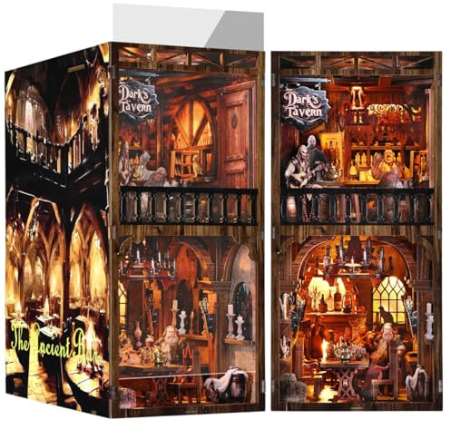 Habarri Book Nook, DIY Miniaturhaus Bausatz, 3D Holzpuzzles Set, Bücherecke für Erwachsene, Häuser Modellbausätze mit LED Leuchten, Miniatur Puppenhäuser Haus - Taverne zum Silbernen Greif