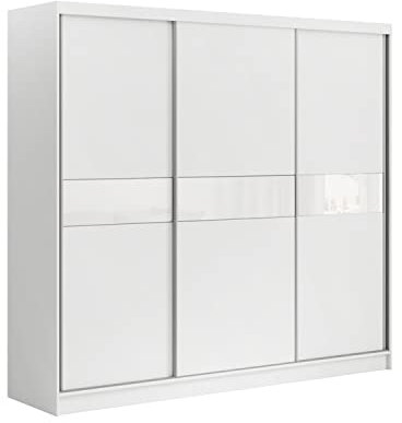 MEBLINI Kleiderschrank, 3 Türen - Schwebetürenschrank mit Kleiderstange - Schlafzimmerschrank mit Einlegeböden - Wardrobe Closet - Tanna - 240 cm - Weiß/Weiß + Weiß Lacobel