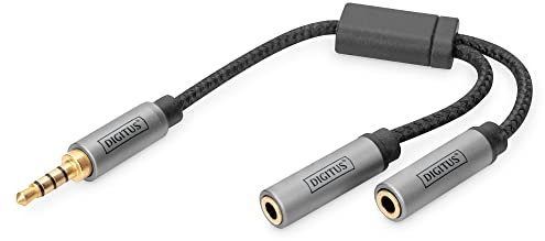 DIGITUS Stereo Headset-Adapter - 2x 3,5mm Buchse auf 3,5mm Klinke - Mikrofon-Adapter - Kopfhörer-Adapter - vergoldete Kontakte - 0,2m - schwarz - für Smartphones, Computer, Laptop, Game-Controller