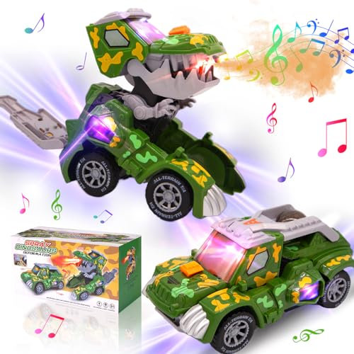 KJIXYUNG Voiture de transformateur de Dinosaure à pulvérisation Automatique avec Musique et lumière LED, Voitures de Transformation Dino pour garçons, Jouets pour Enfants de 3 à 5 Ans