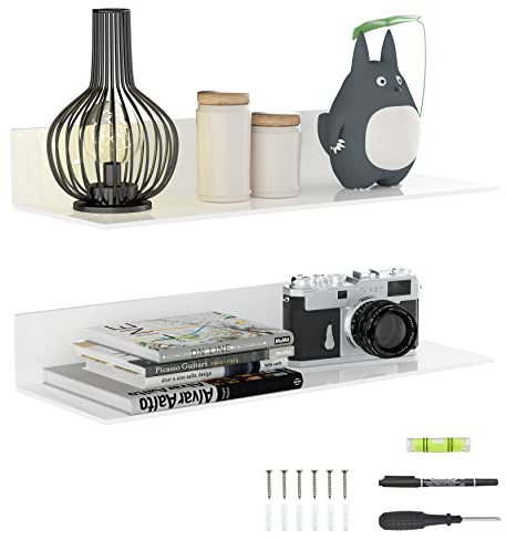 Sezanrpt 2er-Set weiße Acryl-Sich hin- und herbewegende Regale 43cm, Wand hängende Badezimmer-Regale, Wand-Aufbewahrungsregal für Küche, Wohnzimmer, Schlafzimmer, Badezimmer, Einzelhandel, Supermarkt