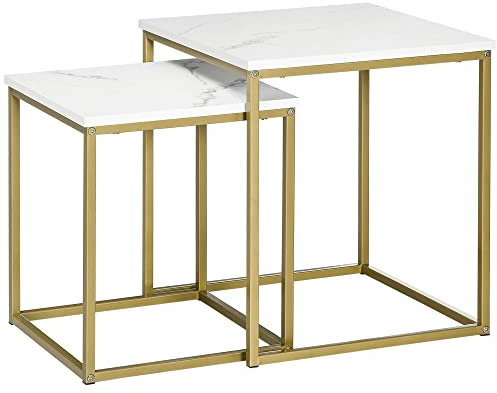 HOMCOM Lot de 2 Tables Basses gigognes Tables carrées Plateau Blanc Aspect marbre et Pied en Acier doré