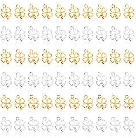 Tikplus Kleeblatt Anhänger, 60 Stück Gold Kleeblatt Glücksbringer Kettenanhänger, Kleine Metall Charms zum Armband, für DIY Abschiedsgeschenk, Keschlüsselanhänger, Schmuckanhänger