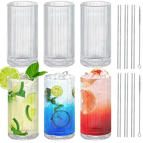 MSYU 6 Stück gerippte glaswaren trinkgläser, 340ml klar kristall gläser set mit Glas Strohhalme, origami stil kristall gläser geriffelte Glaswaren für Coocktail Whiskey Saft Wasser