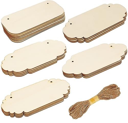 Belle Vous Pack de 24 Placas de Madera en Blanco Variadas - Tablero Madera Contrachapado con Cuerda para Colgarlo - Maderas para Bricolaje, Pirograbado, Bodas, Pintar Colgar Letreros
