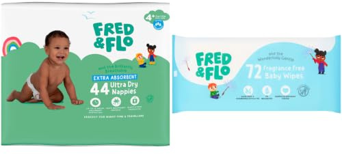 Fred & Flo Size 4+ Nappies 44 Pack + 60 Fragrance Free Baby Wipes