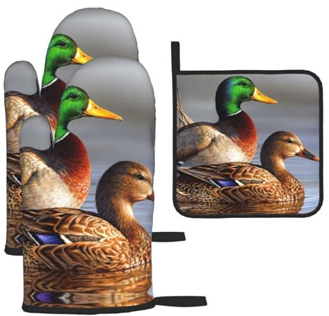 Mallard Duck Lot de 3 gants de cuisine et maniques résistants à la chaleur pour barbecue
