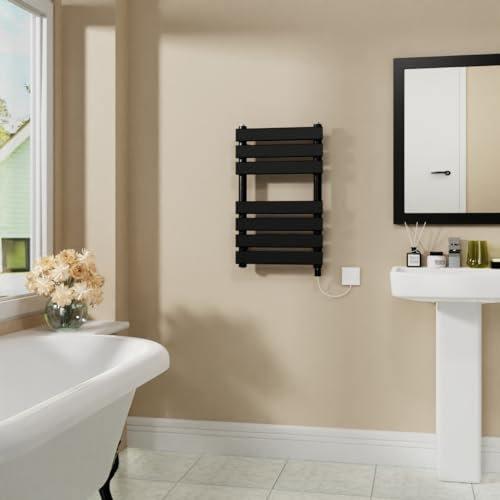 Warmehaus Electric Flat Panel Heated Towel Rail Black Bathroom Ladder Radiator Warmer 650x400mm 400W