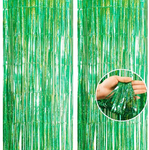 2pcs 3.2 x 8.3ft Glitter Green Tinsel Foil Fringe Curtain Door Tinsel Curtain Streamers Party Curtain Photo Banner Decorations for Birthday School Graduation Hen Party Christmas Decorations Green