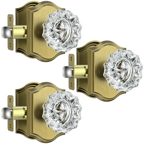 Calzibeno 3 Pack Crystal Door Knobs Interior, Passage Glass Door Knobs Interior, Antique Brass Crystal Door Knob for Closet Hall, Vintage Glass Door Knob Set