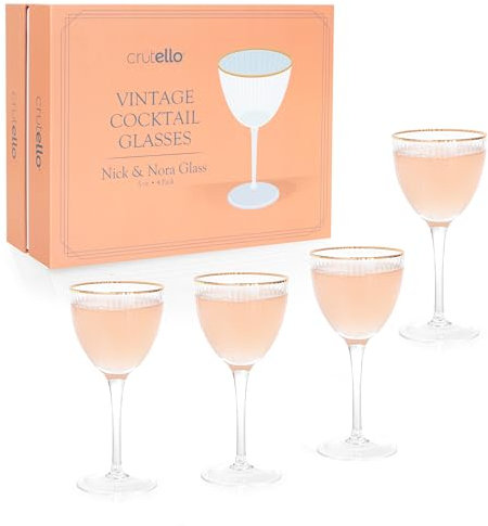 Crutello Nick and Nora Cocktailgläser, geriffelt, Vintage, Art-Deco, geriffelt, für klassische Gin, Whiskey, Wodka, geriffelte Nick und Nora Gläser mit Goldrand, 4 Stück