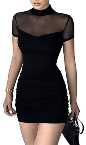 EMOTTOS Mini Abito Sexy a Rete, Morbido Abito da Donna in Pizzo Patchwork Club Bodycon, Mezzo Collo Alto Pullover Abiti da Festa increspati(Black-S)