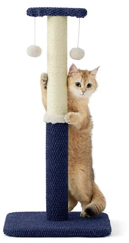 Lesure Kratzstamm Mittelgroß - 74 cm Kratzsäule für Katzen Mit Plattform Aus Strapazierfähiger Teppichstoff, Kratzbaum Stabil Mit Sisal und Hängendem Ball, Marineblau