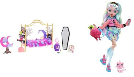 Monster HIGH Clawdeen Wolf - Schlafzimmer-Spielset mit Zubehör & Lagoona Blue Puppe - Pink Hoodie, Batik-Bikeshorts, Plateausandalen, Flossen, Zubehör, für Kinder ab 6 Jahren, HHK55