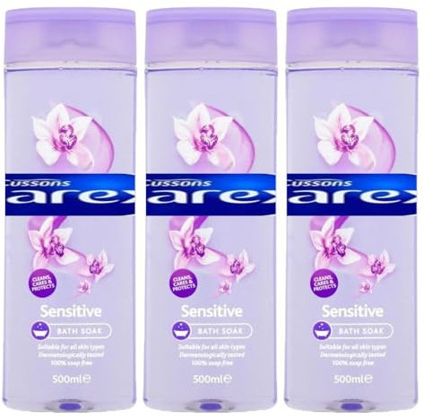 Bath Soak Sensitive 500ml x3, Compatible with Carex Soap Free Shower Gel for All Skin, Moisturising Body Care Bubble Bath, Soft Floral Fragrance Family Size with Welari Thank You Card | (3pack)