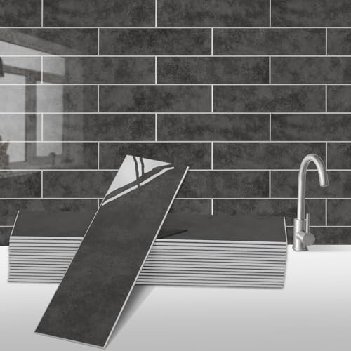 Abziehen und Aufkleben von Spritzschutz-Wandfliesen für die Küche, 24 Blatt selbstklebende Subway-PVC-Mosaikfliesen, dekorative Spritzschutzfliesen zum Aufkleben auf das Badezimmer (Schwarz)