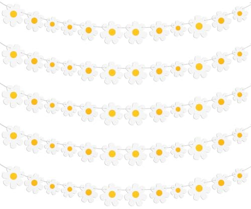 5 Pack Daisy Party Hanging Banners Hippie Party Banners Decor White Daisy Hanging Swirl Spring Flower Garland Paper Cutouts for One Two Groovy Themed Birthday Shower Home Classroom Favor Decorations