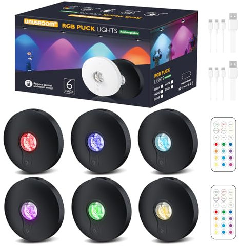 UNUSROOM USB Aufladbar RGB LED Spots,RGB Farbwechsel & Dimmbar Schrankbeleuchtung Kabellos mit Fernbedienung/Timer, Magnetisch Indirekte Beleuchtung Vitrinenbeleuchtung für Vitrine,Küche,Flur,6 Stück