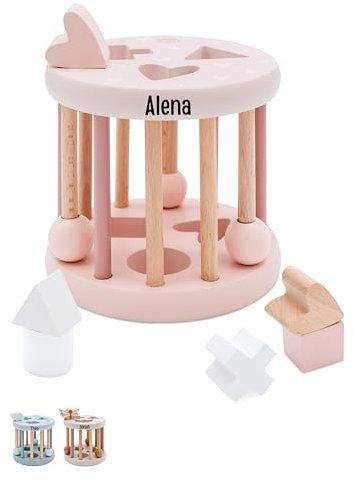 Bärenfreunde® - Personalisierter Formen-Sortier-Rad aus Holz - Montessori Würfel - Baby Motorikspielzeug ab 1 Jahr - Baby Spielzeug 1 Jahr (rosa, mit Name)