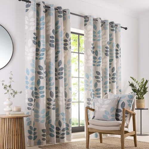 Portfolio Home Springfield Leaf Teal 66 Width x 54 Drop (168 x 137cm) Fully Lined Eyelet Curtain Set 2 Panels