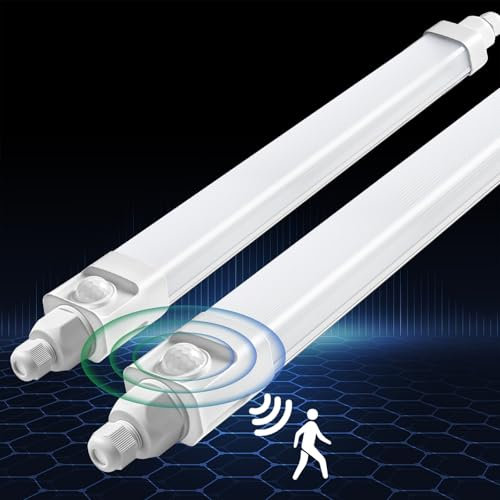 DXLIGHTING 2 Stück LED Feuchtraumleuchte 60cm mit Bewegungsmelder, 18W 1800LM Röhrenlampe, 4000K Neutralweiß Wannenleuchte, IP65 Kellerlampe, Verknüpfbar Feuchtraumlampe für Büro Flur Treppe Garage