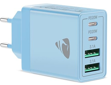 USB C Ladegerät, 4-Port Schnellladegerät mit Intelligent QC USBA und USBC Power Adapter, 40W Netzteil Mehrfach USBCharger für iPhone, Samsung und andere Geräte Schnellladen Ladestecker (Hellblau)