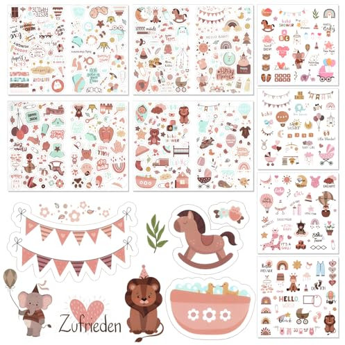GROFIS Sticker Babyalbum Set (316 Motive), Selbstklebende Aufkleber für Kinder und Baby Fotoalben, Scrapbooking Stickers für DIY Geschenke Party Geburtstagskarten Gästebuch Fotoalbum Scrapbook
