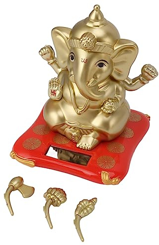 Kavolet Indische Ganesha-Elefantengottstatue, Solarbetriebene Figur, Dekoration für Auto-Armaturenbrett, Heimhandwerk (Gold)