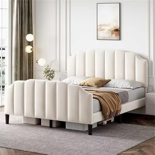 BTM 4ft6-135x190cm Double Bed Frame, Upholstered Double Bed Frame with Adjustable Headboard, Double Bed with with Solid Wood Slat and Mute Foam, Beige Velvet Double Bed(No Mattress)